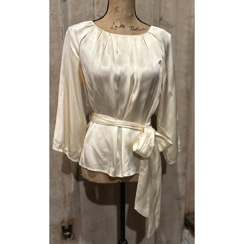 Vintage Peter Nygard 80's 90's Ivory Silk Pleated Ballon Sleeve Cinched Tie S6